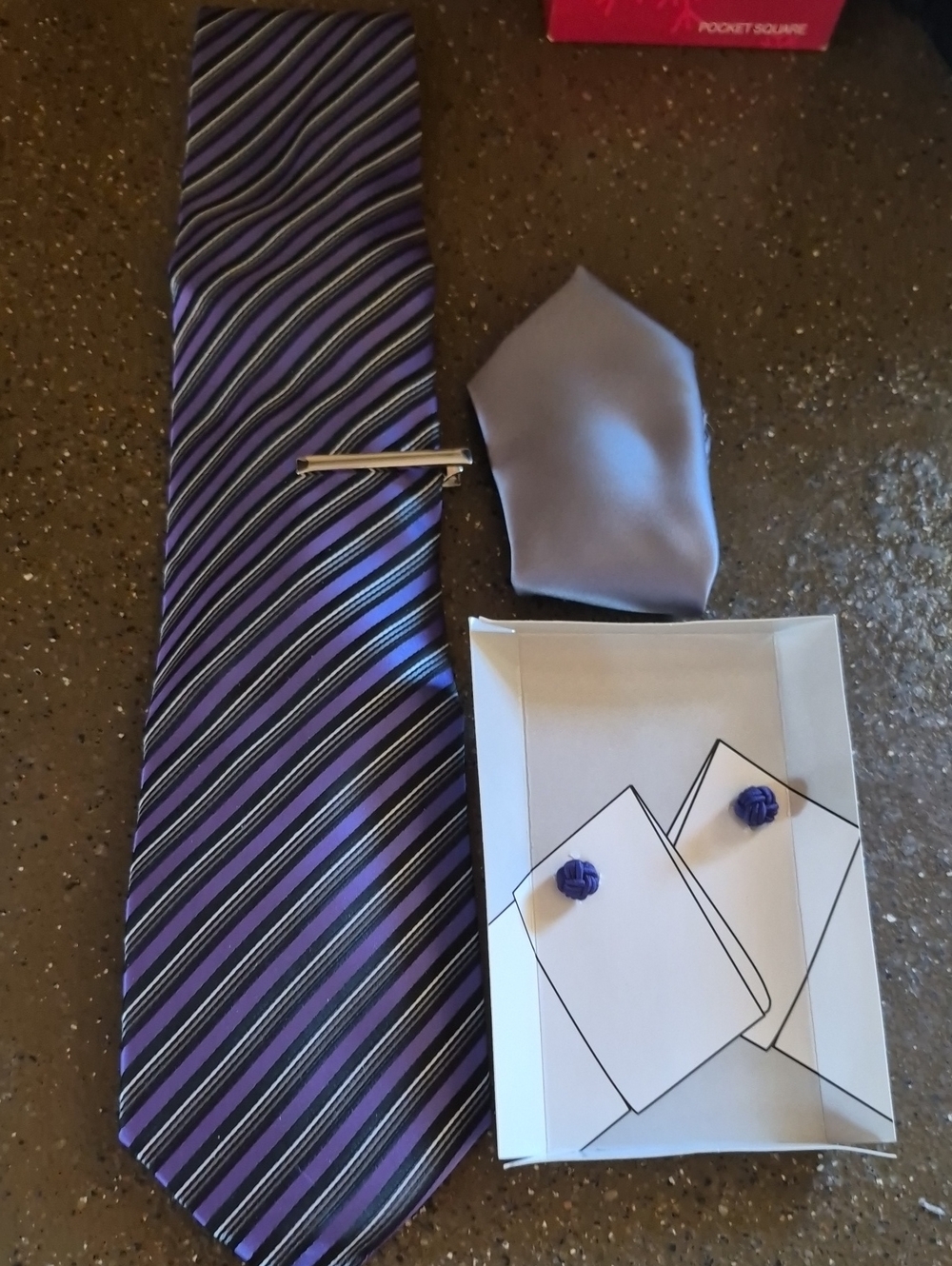 Men's Purple Striped Tie Set with Pocket Square,tie Bar and Cufflinks New